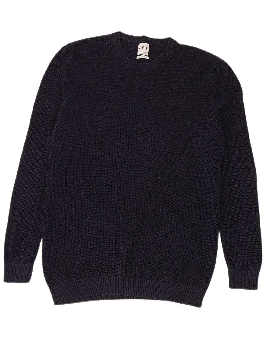 Męski sweter z okrągłym dekoltem Zara, duży, granatowy, bawełniany