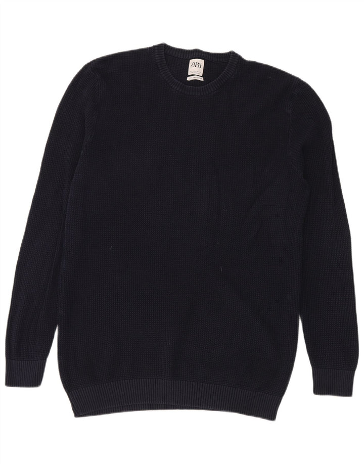 Męski sweter z okrągłym dekoltem Zara, duży, granatowy, bawełniany