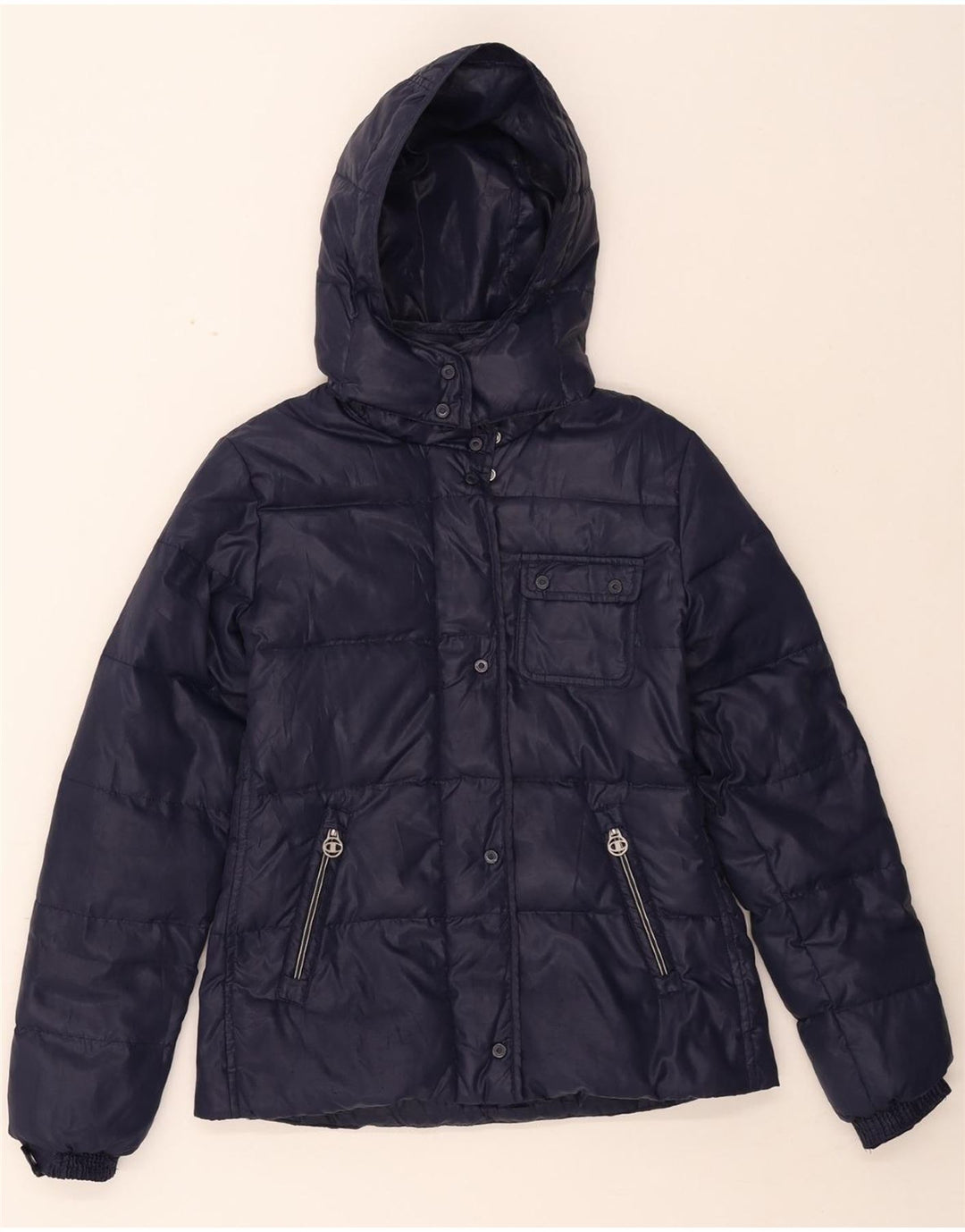 CHAMPION Womens Hooded Padded Jacket UK 10 Small Navy Blue Vintage Champion and Second-Hand Champion from Messina Hembry 