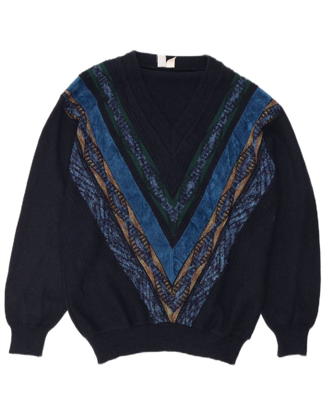 Vintage męski sweter z dekoltem w kształcie litery V, duży, granatowy, geometryczny poliakryl