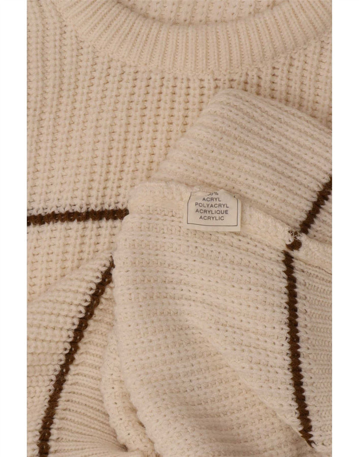 Vintage męski sweter z okrągłym dekoltem, średni, złamany biały akryl w paski