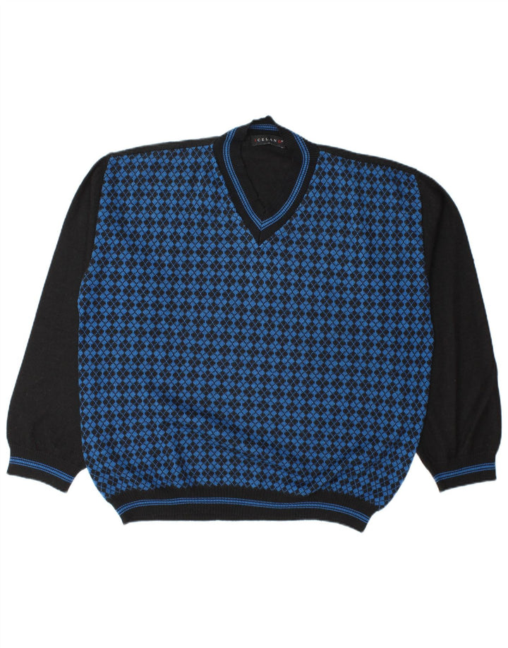 Islandzki męski sweter z dekoltem w kształcie litery V, XL, niebieski Argyle/diamentowa wełna