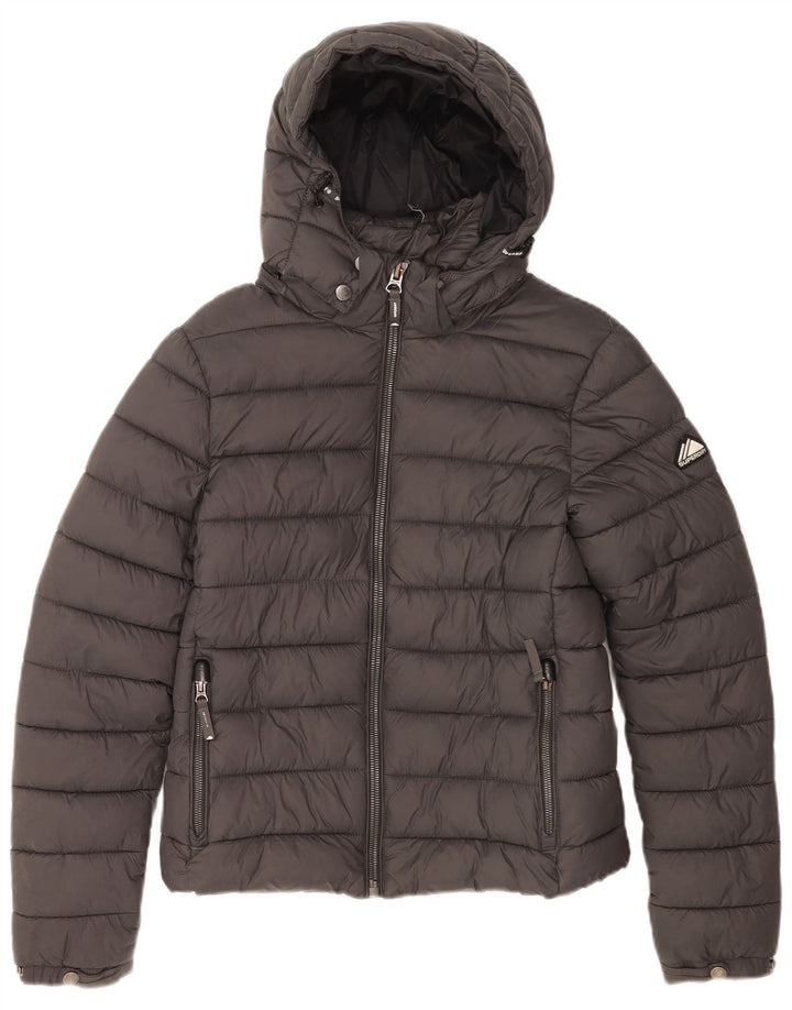 Damska wyściełana kurtka z kapturem Superdry UK 10, mała, szara nylonowa