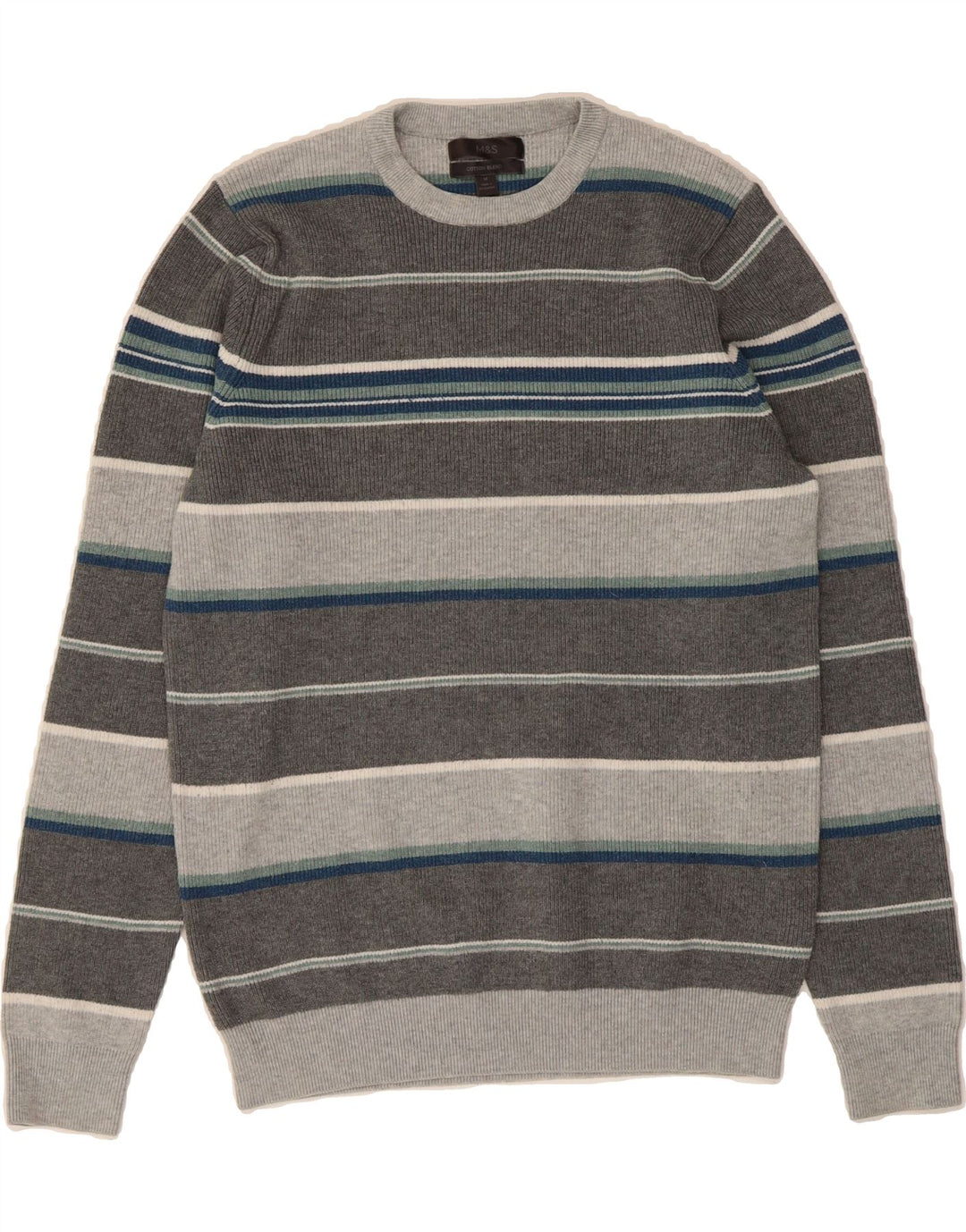 MARKS & SPENCER Mens Crew Neck Jumper Sweater Medium Grey Striped Cotton Vintage Marks & Spencer and Second-Hand Marks & Spencer from Messina Hembry 