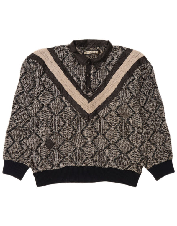 Męski sweter w stylu vintage, z dekoltem w kształcie litery Polo, mały, szary, geometryczny akryl