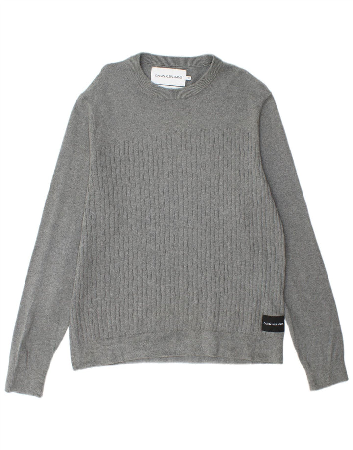 Męski sweter z okrągłym dekoltem Calvin Klein Jeans, mały, szary, bawełniany