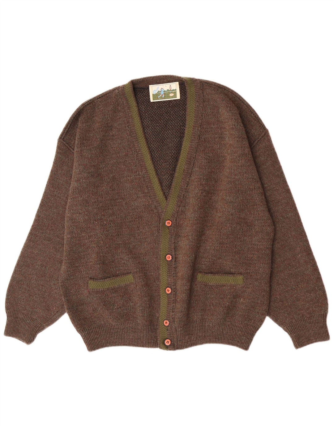 Vintage męski sweter rozpinany, duży, brązowy, nakrapiany