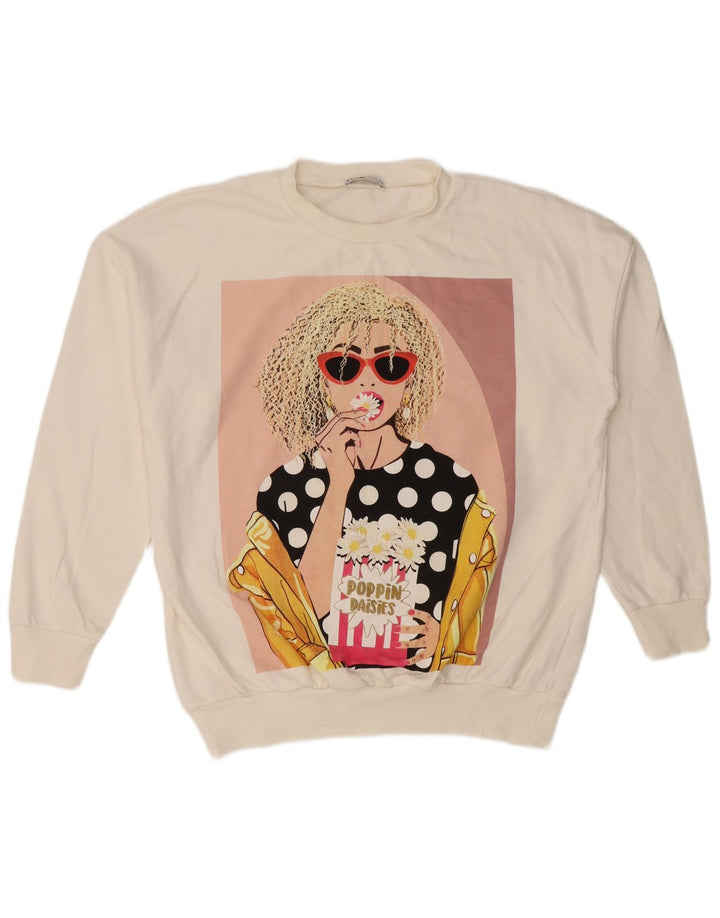 Damska bluza oversize Zara z grafiką, UK 10, mała, biała, bawełniana
