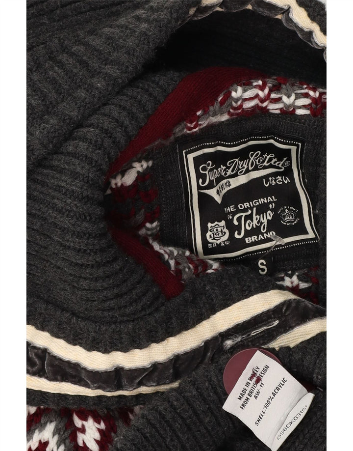SUPERDRY damski sweter rozpinany z kapturem UK 10 mały szary Fair Isle akryl