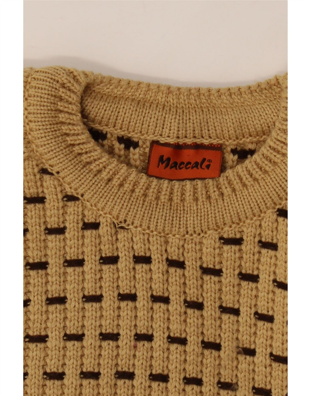 MACCALI Mens Crew Neck Jumper Sweater Small Beige Striped Acrylic Vintage Maccali and Second-Hand Maccali from Messina Hembry 
