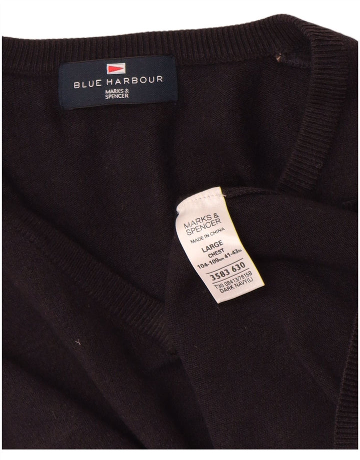 Męski sweter Marks & Spencer Blue Harbor z dekoltem w kształcie litery V, duży, granatowy