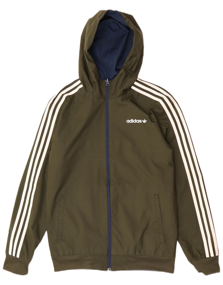 Adidas Męska kurtka bomberka z kapturem, dwustronna UK 36, mała, khaki, poliester