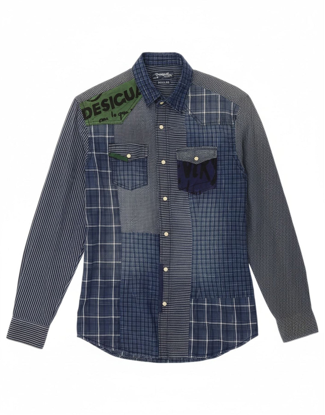 DESIGUAL Mens Regular Fit Graphic Shirt Small Blue Patchwork Cotton