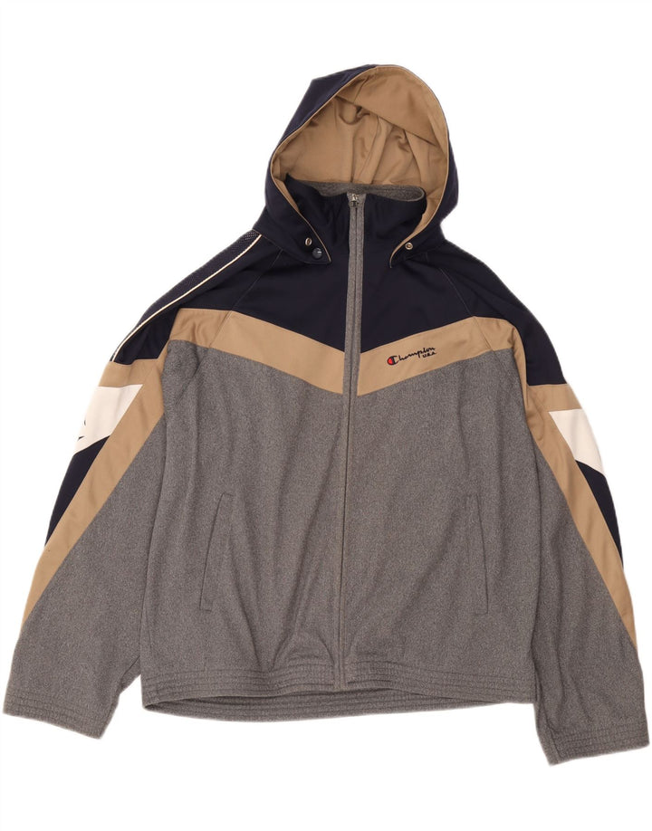 CHAMPION Mens Graphic Hooded Tracksuit Top Jacket Medium Grey Colourblock