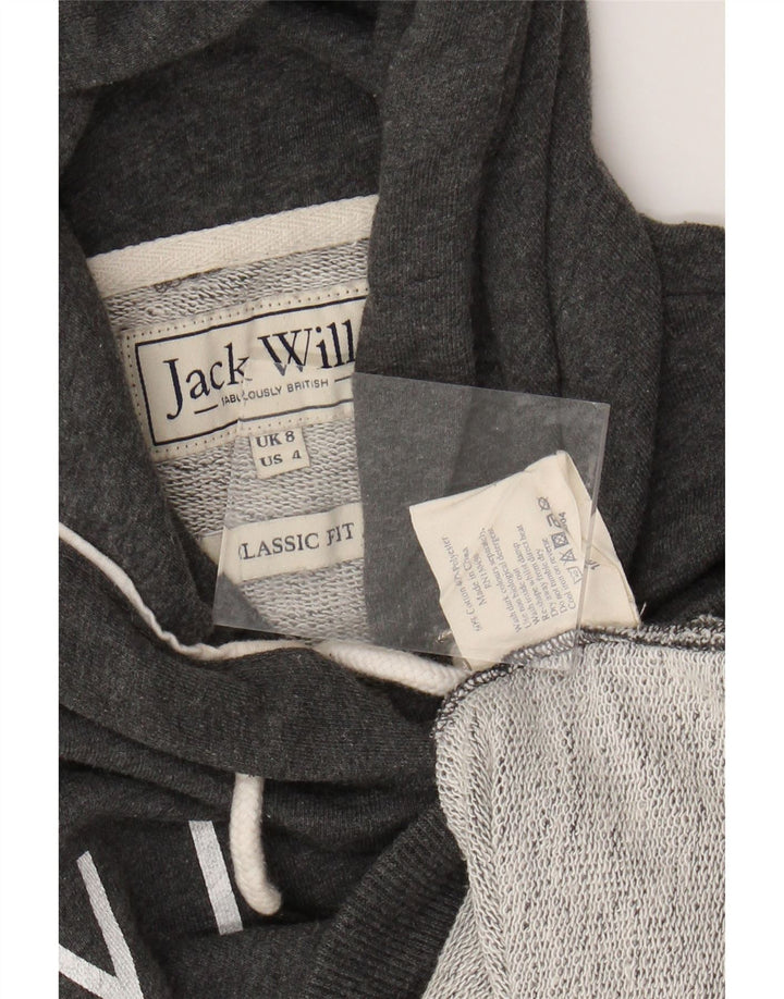 JACK WILLS Damski sweter oversize z kapturem i grafiką, UK 8, mały, szary, bawełniany