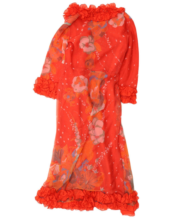 Damska sukienka maxi z falbaną w stylu VINTAGE UK 12 Średni czerwony w kwiaty