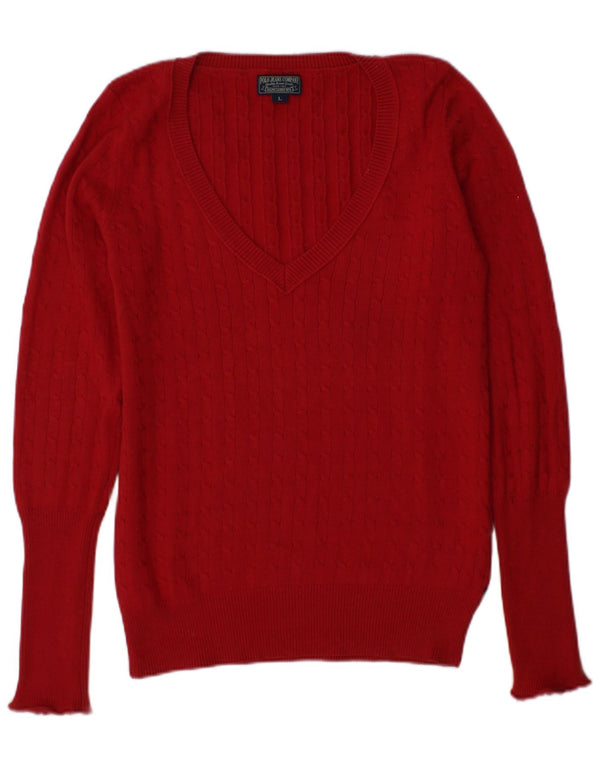 Sweter damski Polo Ralph Lauren z dekoltem w kształcie litery V, UK 14, duży, bordowy, bawełniany