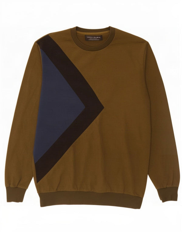 Męski sweter Zara, mały, khaki, bawełniany, z blokami kolorów