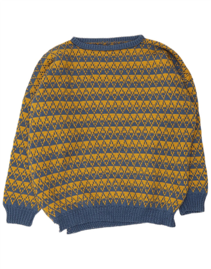 Vintage męski sweter z dekoltem w łódkę, duży niebieski geometryczny