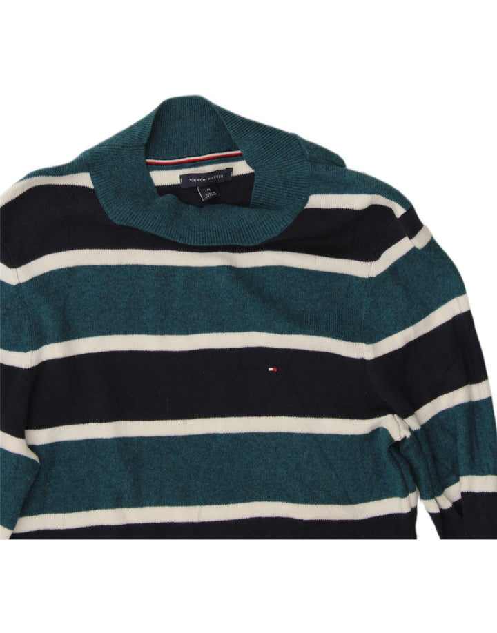TOMMY HILFIGER Womens Turtle Neck Jumper Sweater UK 12 Medium Blue Striped Vintage Tommy Hilfiger and Second-Hand Tommy Hilfiger from Messina Hembry 