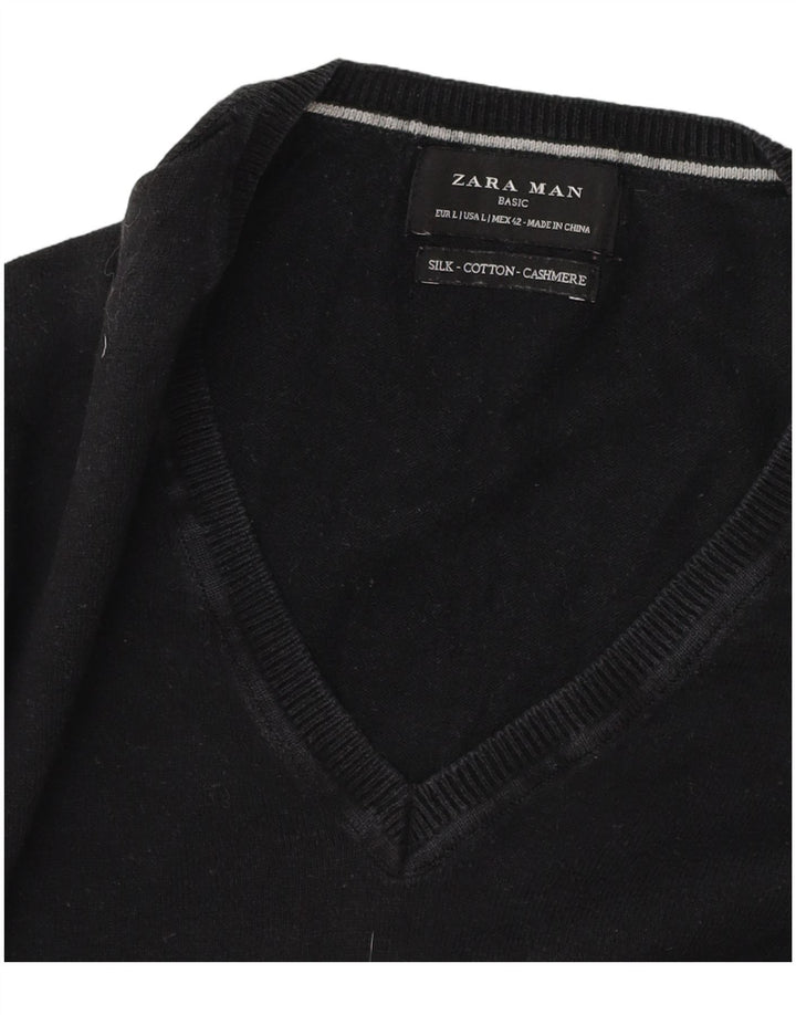 Męski sweter Zara z dekoltem w kształcie litery V, duży, czarny, bawełniany