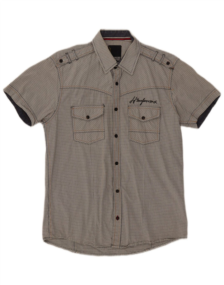 Męska koszula wojskowa Jack & Jones z krótkim rękawem i grafiką, w średnią szarą kratkę