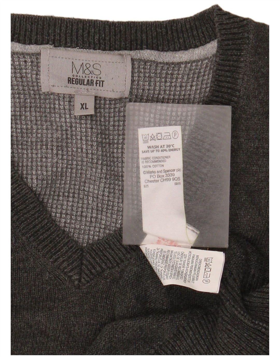Marks & Spencer Męski sweter o regularnym kroju z dekoltem w kształcie litery V, XL, szary, bawełniany