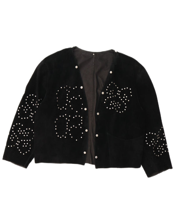 Vintage damska otwarta zamszowa marynarka UK 14, średnia czarna, kwiatowa skóra