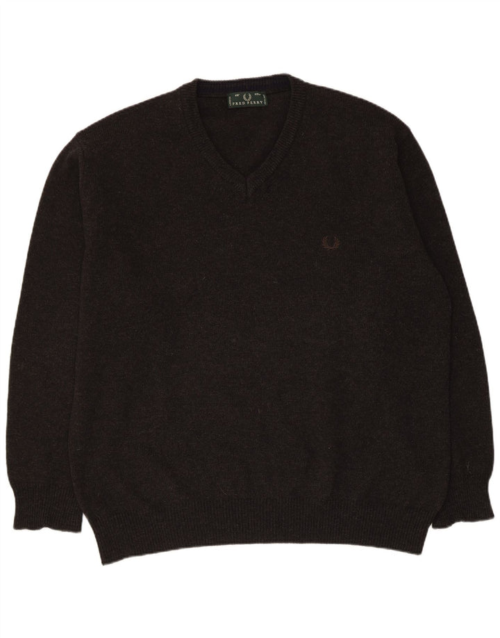 Męski sweter Fred Perry z dekoltem w kształcie litery V, duży, szary, wełniany