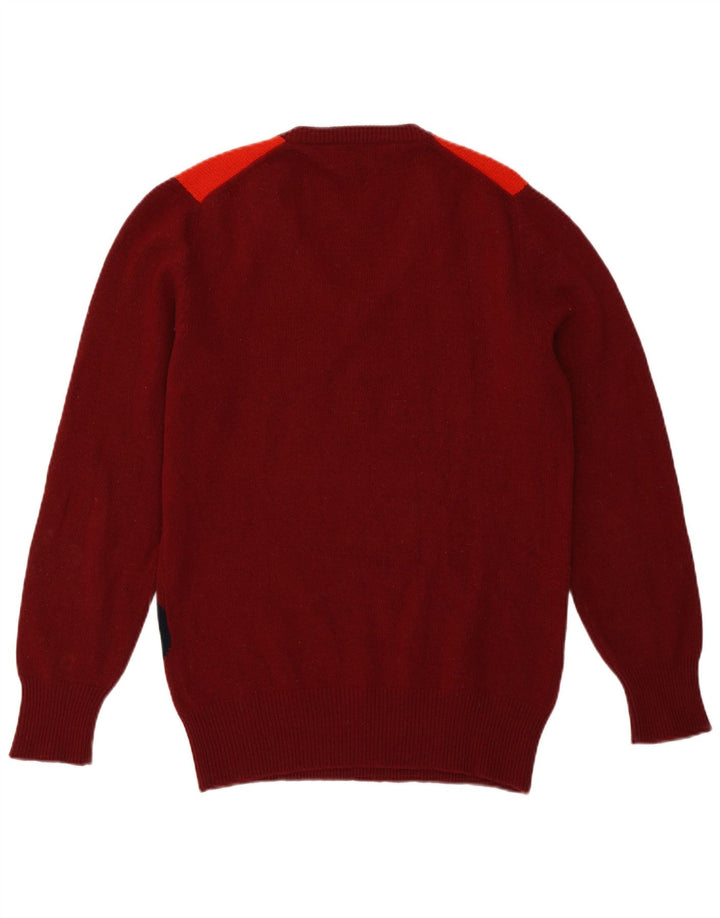 Sweter męski w stylu vintage z dekoltem w szpic, średni burgund, argyle/diamentowa wełna owcza