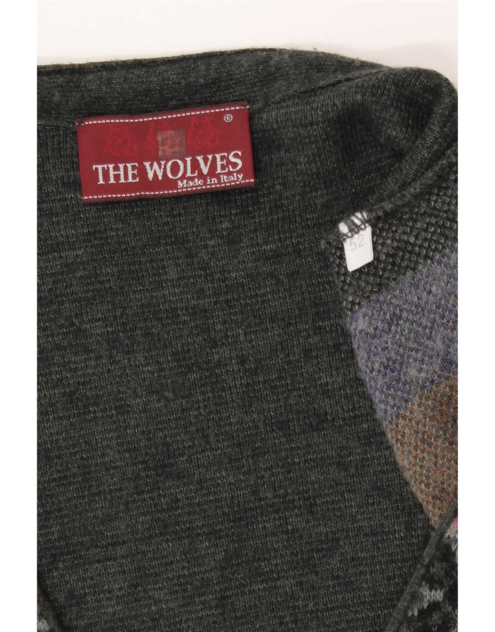 Vintage męska kamizelka dzianinowa IT 52, duży patchwork w kolorze khaki