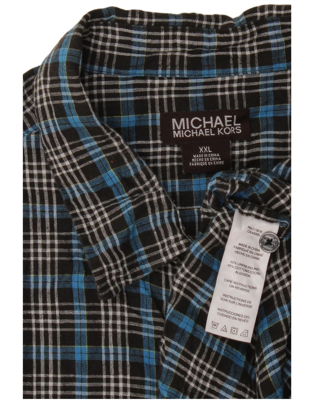 Męska koszula z krótkim rękawem Michael Kors 2XL, lniana w niebieską kratkę