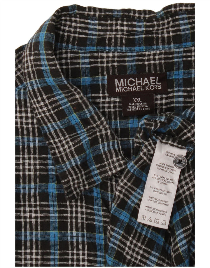 Męska koszula z krótkim rękawem Michael Kors 2XL, lniana w niebieską kratkę