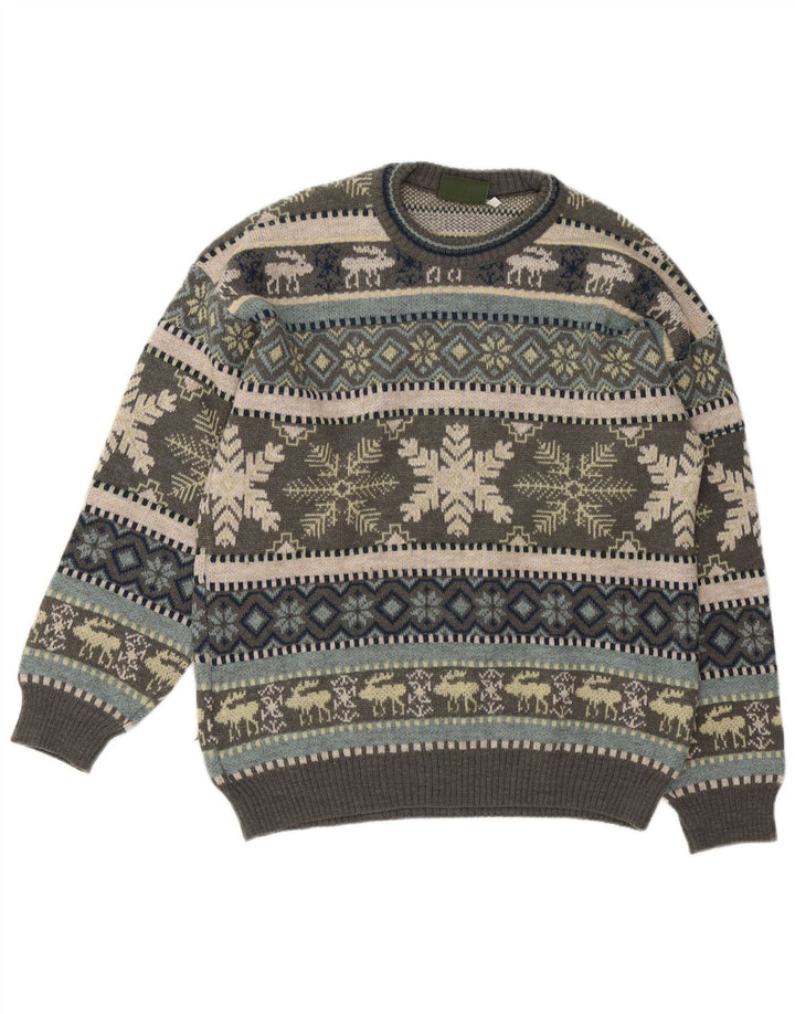 Męski sweter z okrągłym dekoltem Liberti Średni szary Fair Isle Wool