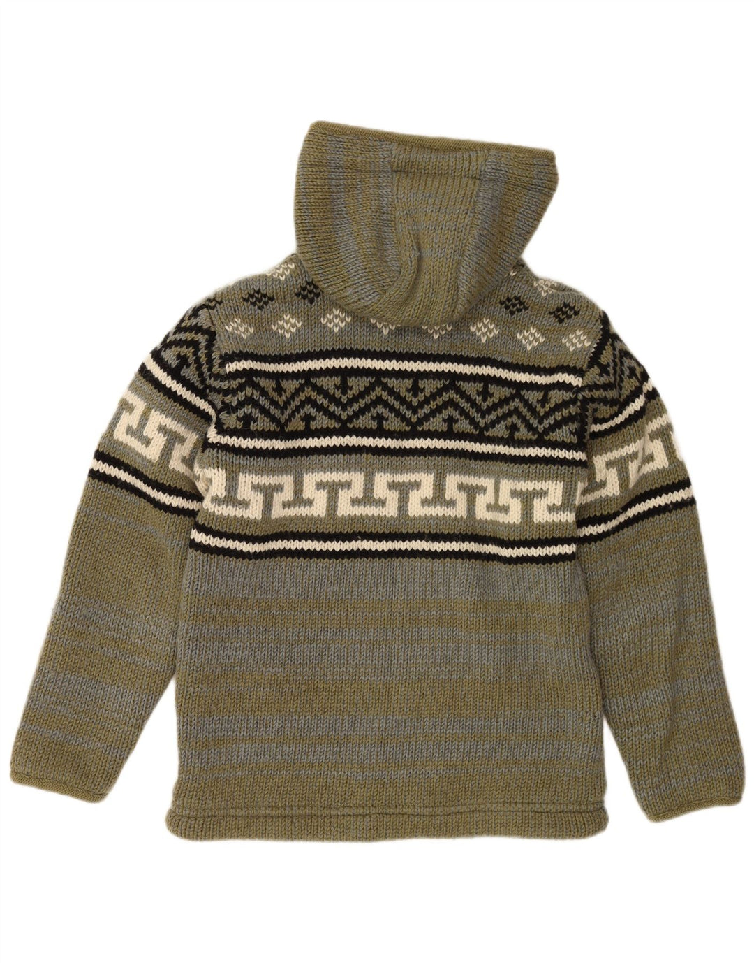 Męski sweter rozpinany z kapturem w stylu VINTAGE, średni khaki, wełna Fair Isle