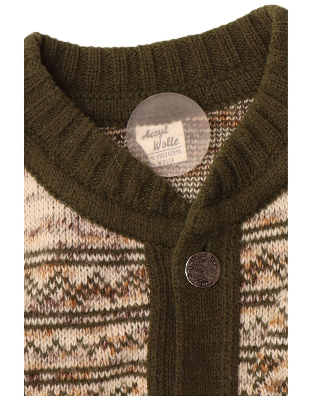 Vintage męski sweter rozpinany, średni zielony Fair Isle akryl