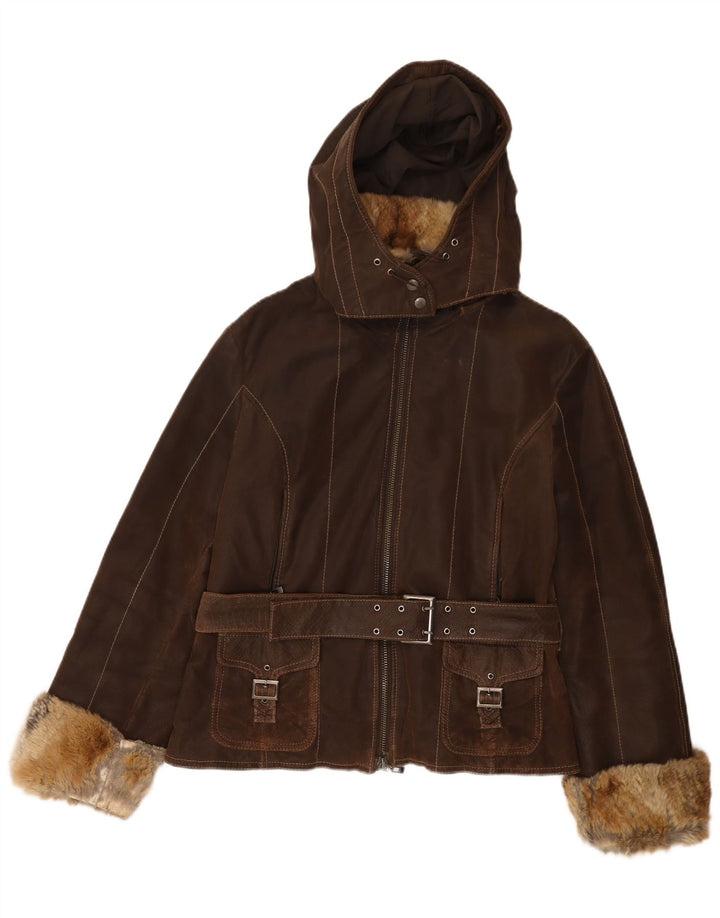 Damska skórzana kurtka z kapturem w stylu vintage IT 48 XL, brązowa skóra