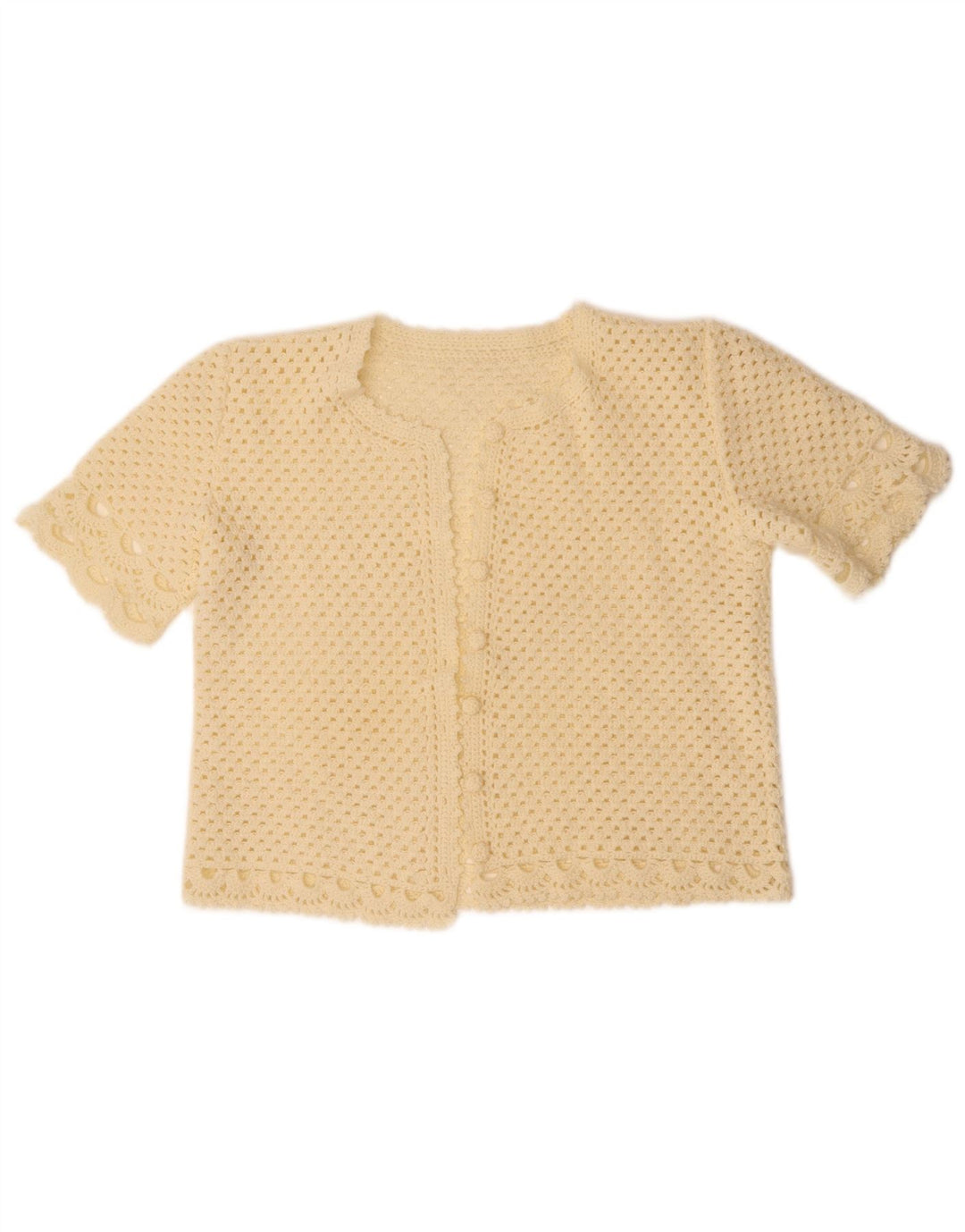 Damski sweter rozpinany z krótkim rękawem w stylu vintage, UK 14, średni, w kolorze złamanej bieli