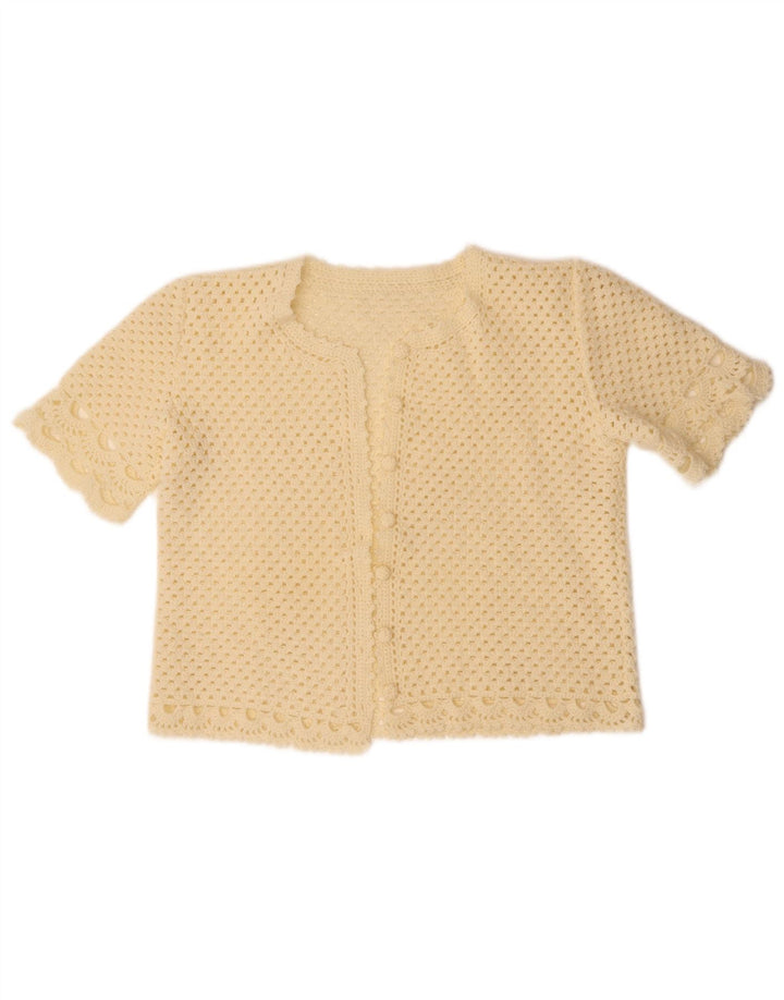 Damski sweter rozpinany z krótkim rękawem w stylu vintage, UK 14, średni, w kolorze złamanej bieli