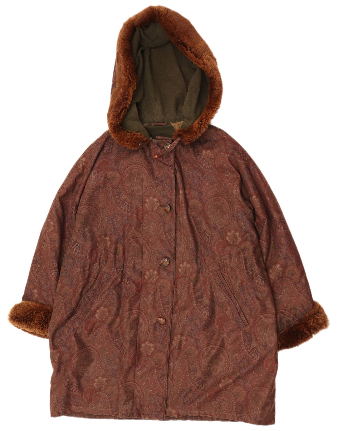 Vintage damski płaszcz oversize z kapturem, EU 42, duży, brązowy, wełniany paisley
