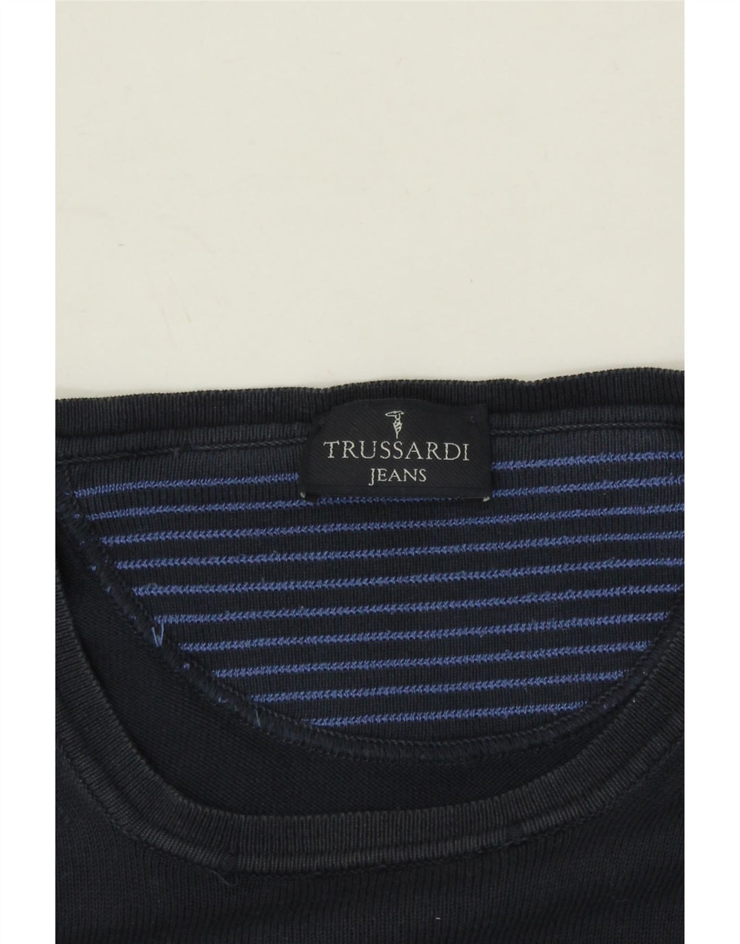 TRUSSARDI Mens Crew Neck Jumper Sweater Large Navy Blue Cotton Vintage Trussardi and Second-Hand Trussardi from Messina Hembry 