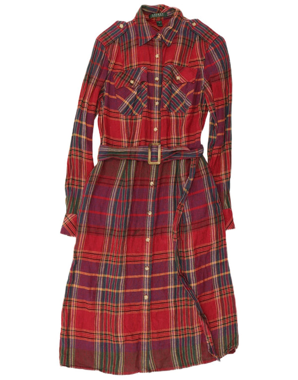 RALPH LAUREN Damska wojskowa sukienka koszulowa US 4, lniana w małą czerwoną kratę