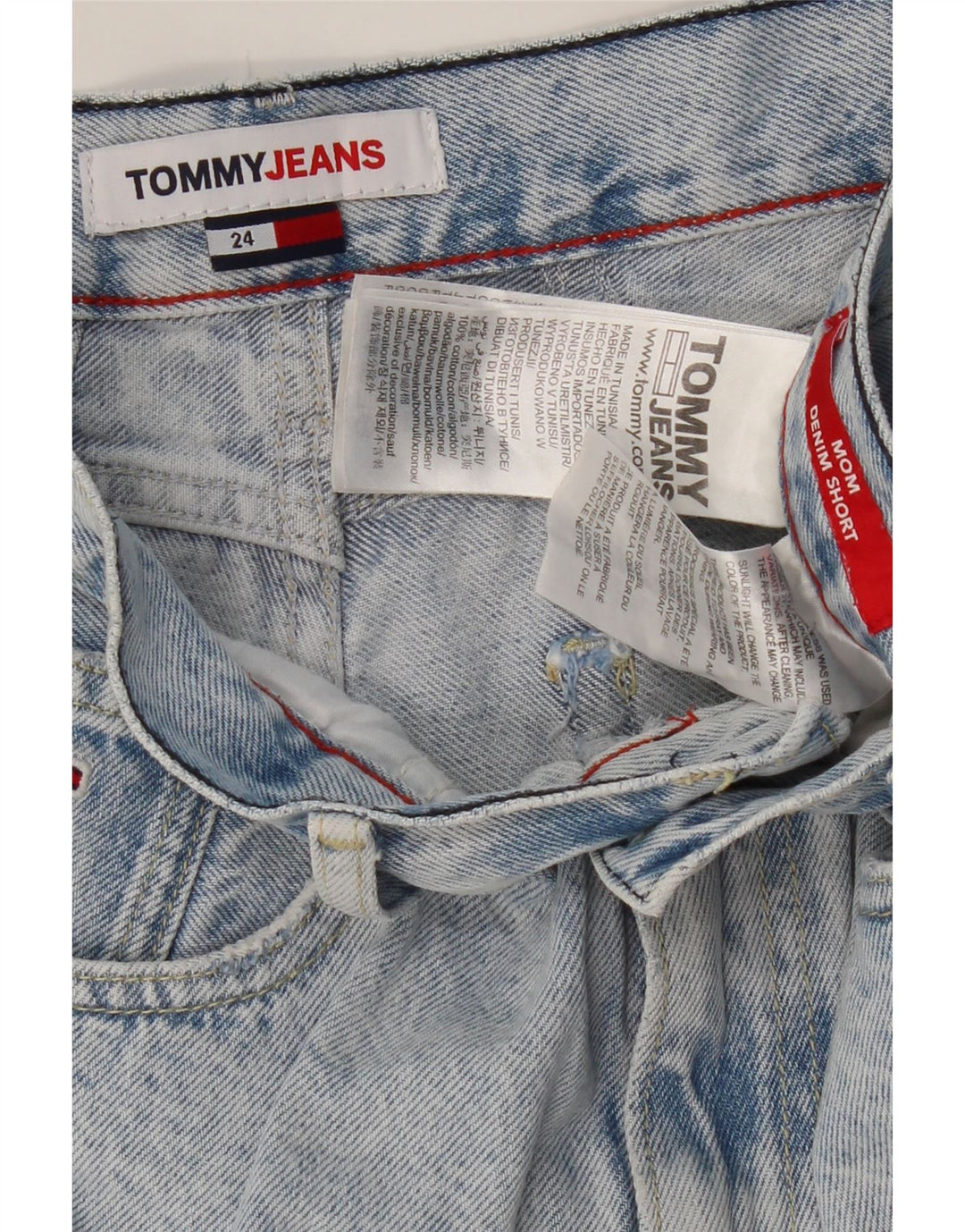 Damskie spodenki jeansowe TOMMY HILFIGER Mom Distressed z wysokim stanem W24 XS niebieskie