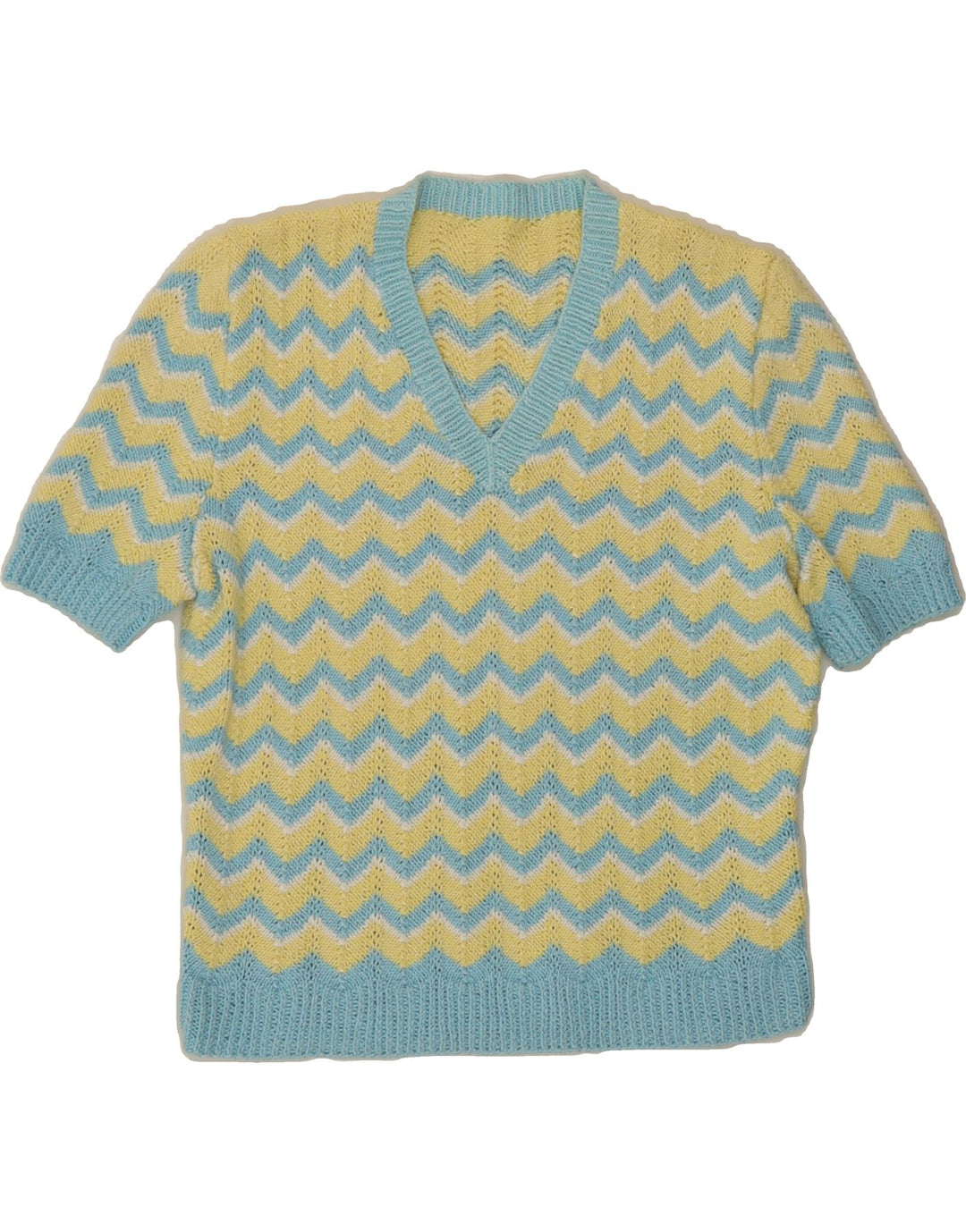 VINTAGE Womens V-Neck Jumper Sweater UK 14 Medium Yellow Chevron Vintage Vintage and Second-Hand Vintage from Messina Hembry 