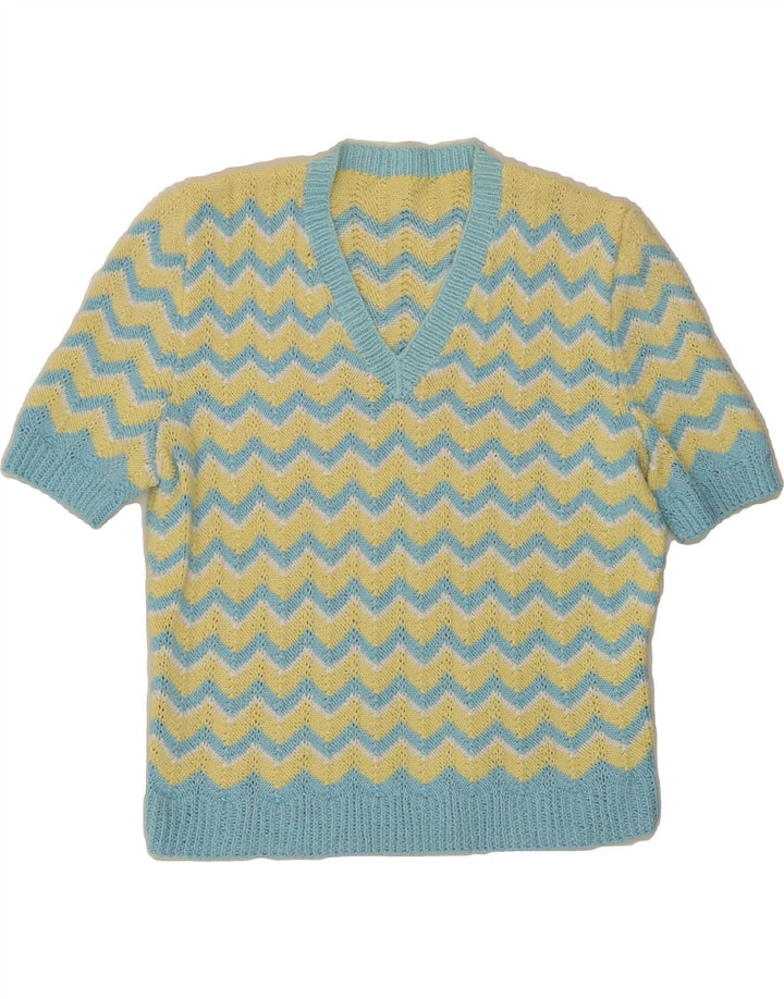 VINTAGE Womens V-Neck Jumper Sweater UK 14 Medium Yellow Chevron Vintage Vintage and Second-Hand Vintage from Messina Hembry 