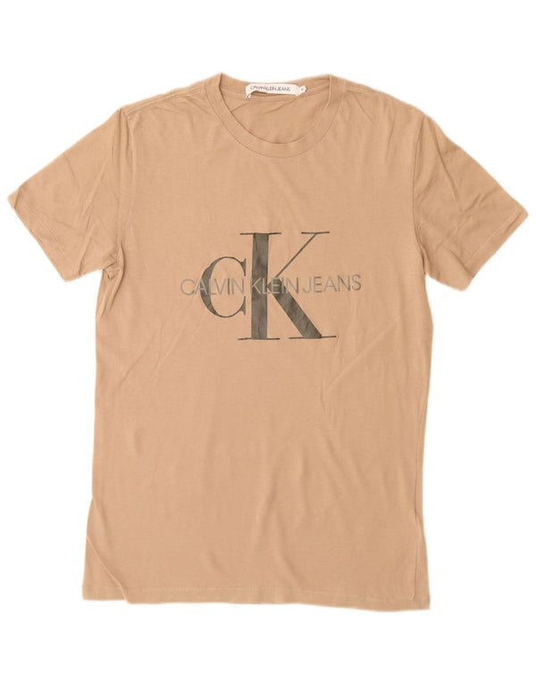 Męski T-shirt z grafiką CALVIN KLEIN JEANS Średni brązowy, bawełniany