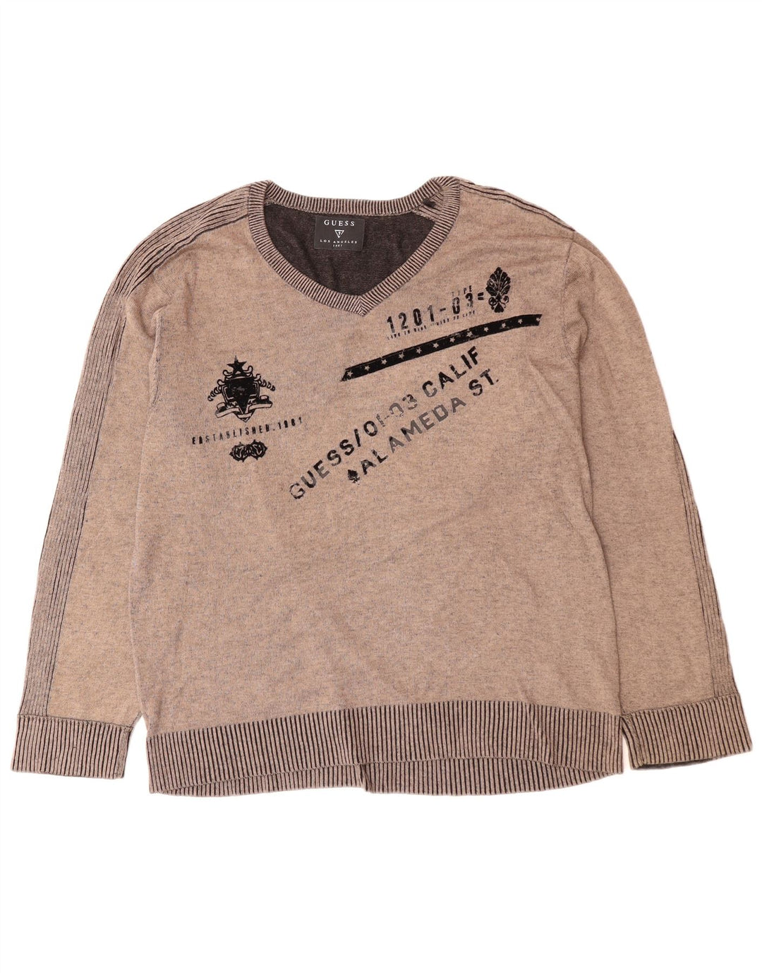 Męski sweter GUESS z graficznym dekoltem w kształcie litery V, XL, szary