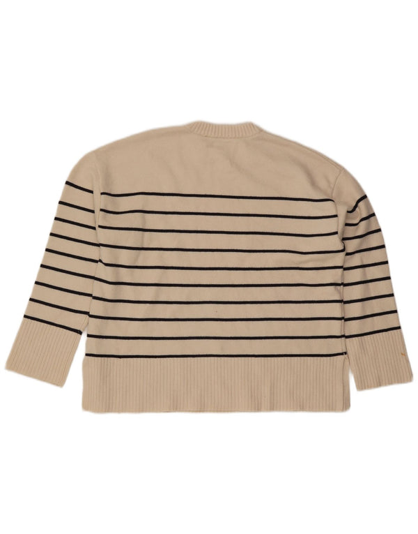 Zara Womens Crew Neck Jumper Sweater UK 14 Medium Off White Striped Viscose