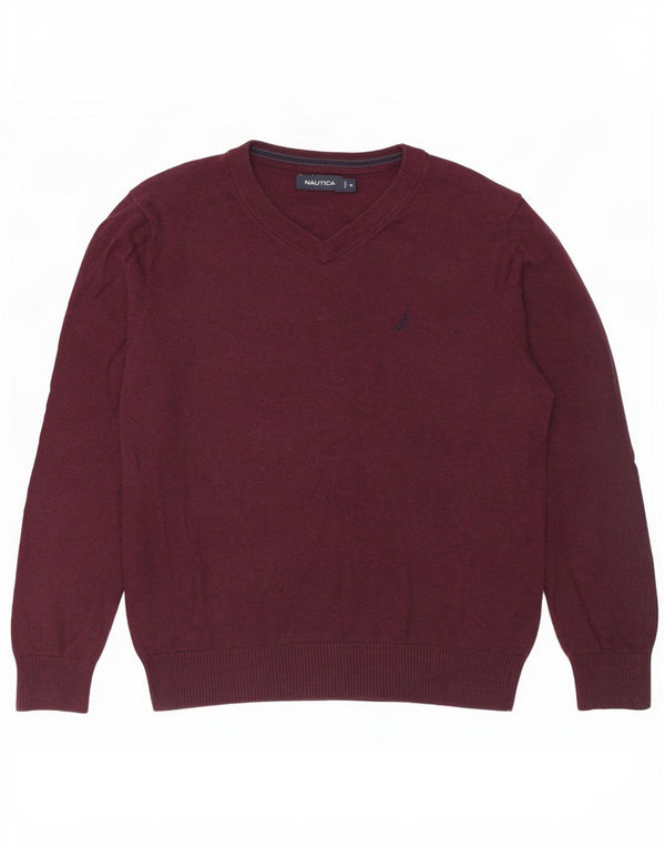 Damski sweter oversize Nautica z dekoltem w kształcie litery V, UK 14, średni bordowy bawełniany