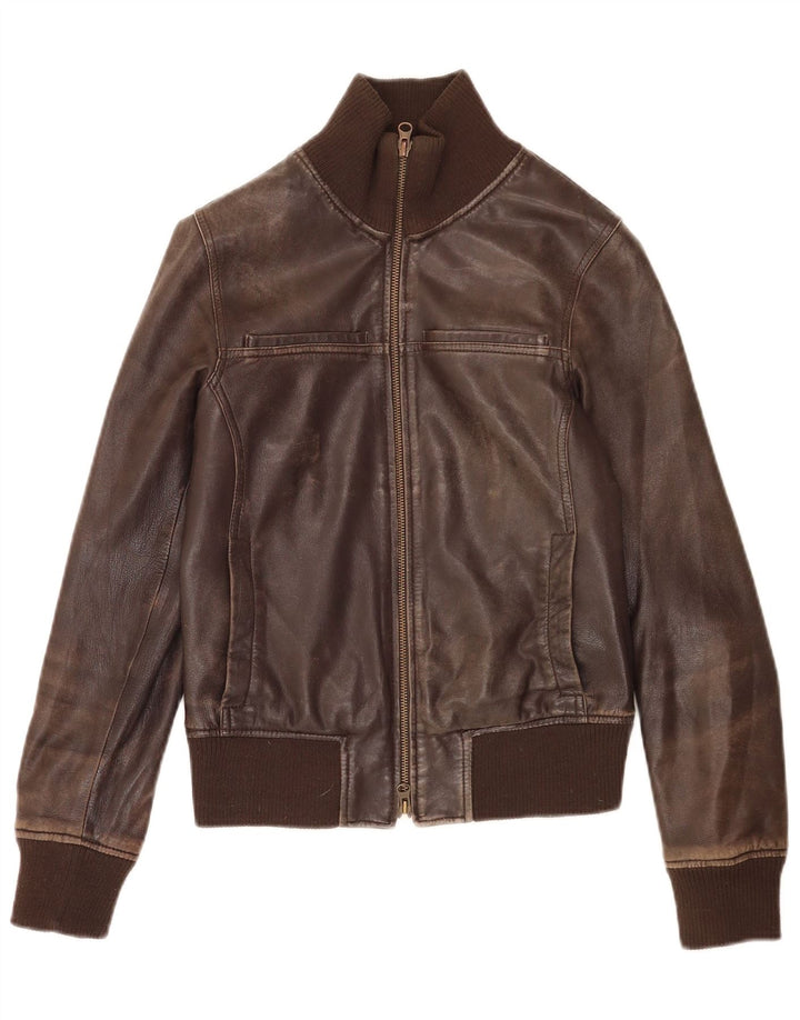 Damska kurtka skórzana typu bomber Sisley UK 6 XS, brązowa skóra